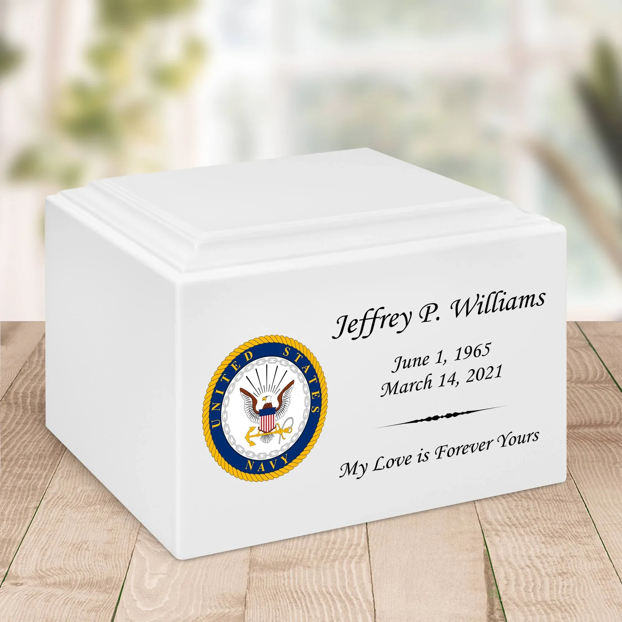 Stonewood Large Full Color Navy Emblem Cremation Urn for Human Ashes - Composite Wood Cremation Urn for Adult Ashes - 280 Cubic Inch Capacity -Personalization Included