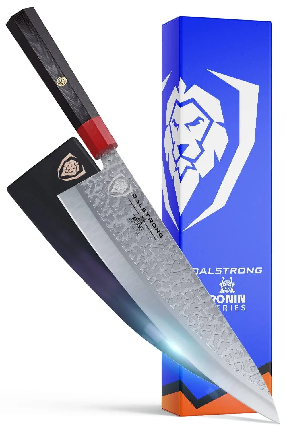 Dalstrong Chef Knife - 9.5 inch - Ronin Series - Double Bevel Blade Razor Sharp - Japanese AUS-10V Super Steel - Damascus Chef's Knife - G10 Handle Kitchen Knife - Black Acacia Wood Sheath