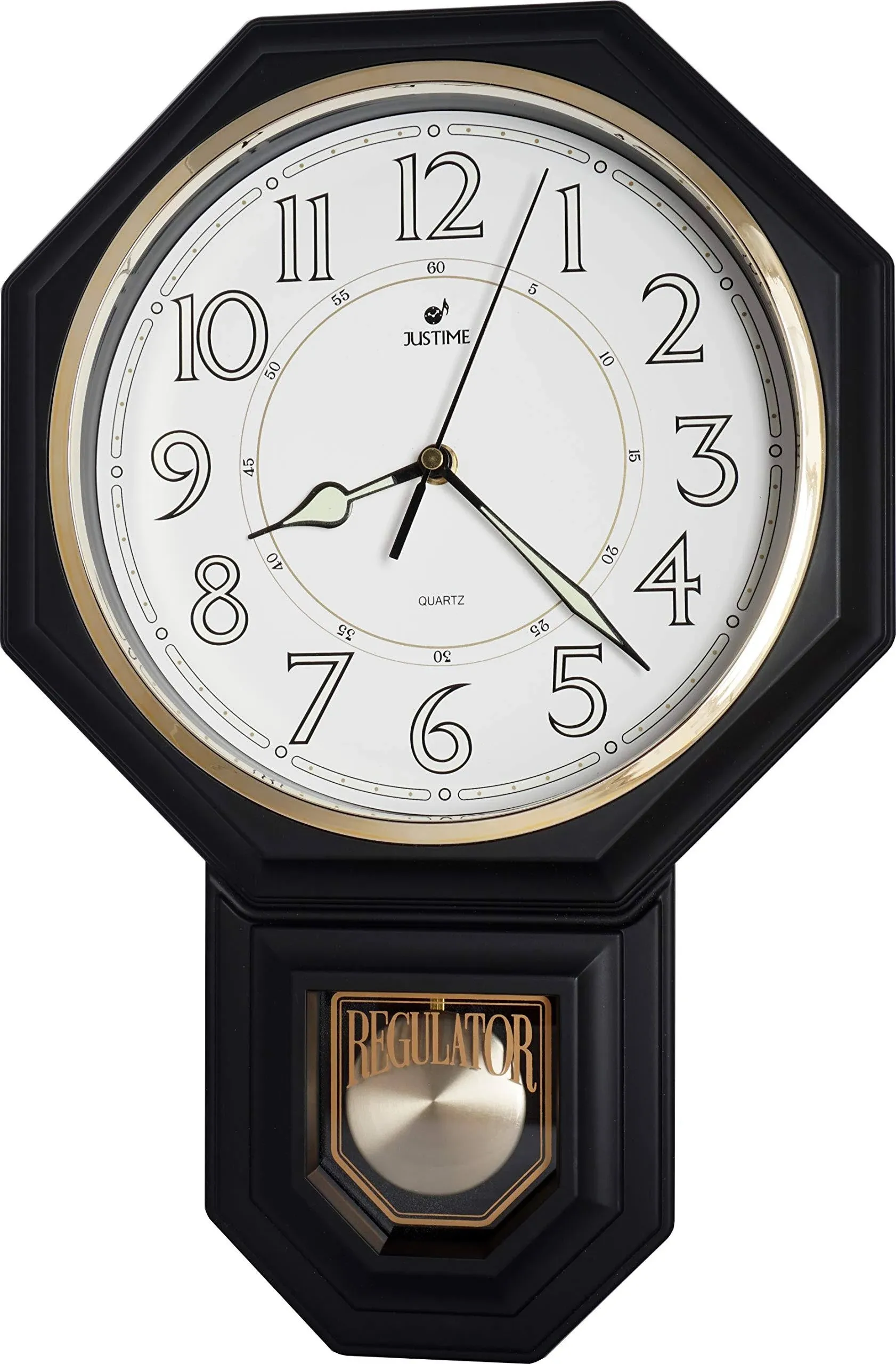 Justime Schoolhouse Pendulum Wall Clock - Luminous, Hourly Chimes MATT. Black