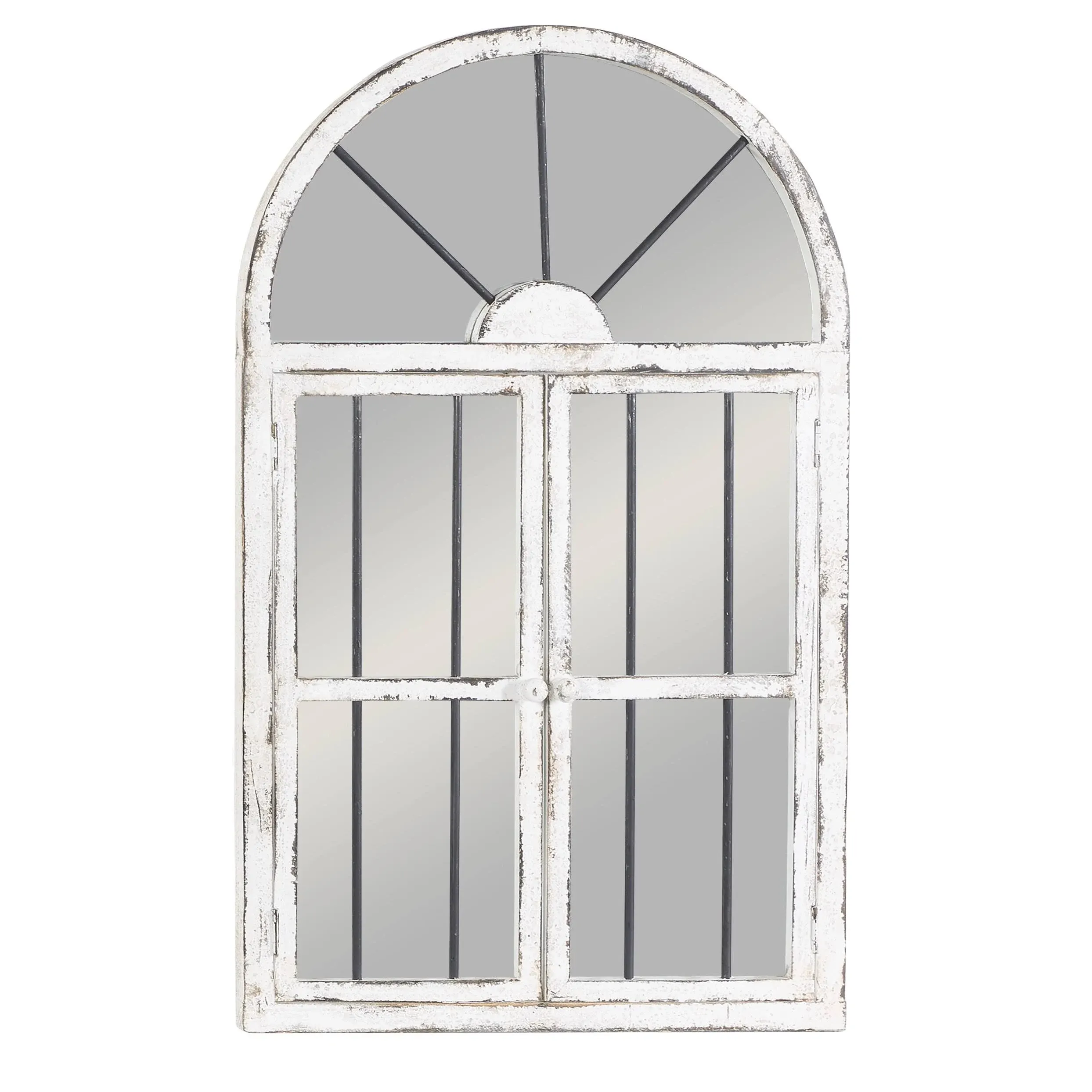 Distressed White Wood Arched Window Wall Mirror, 25" x 42"