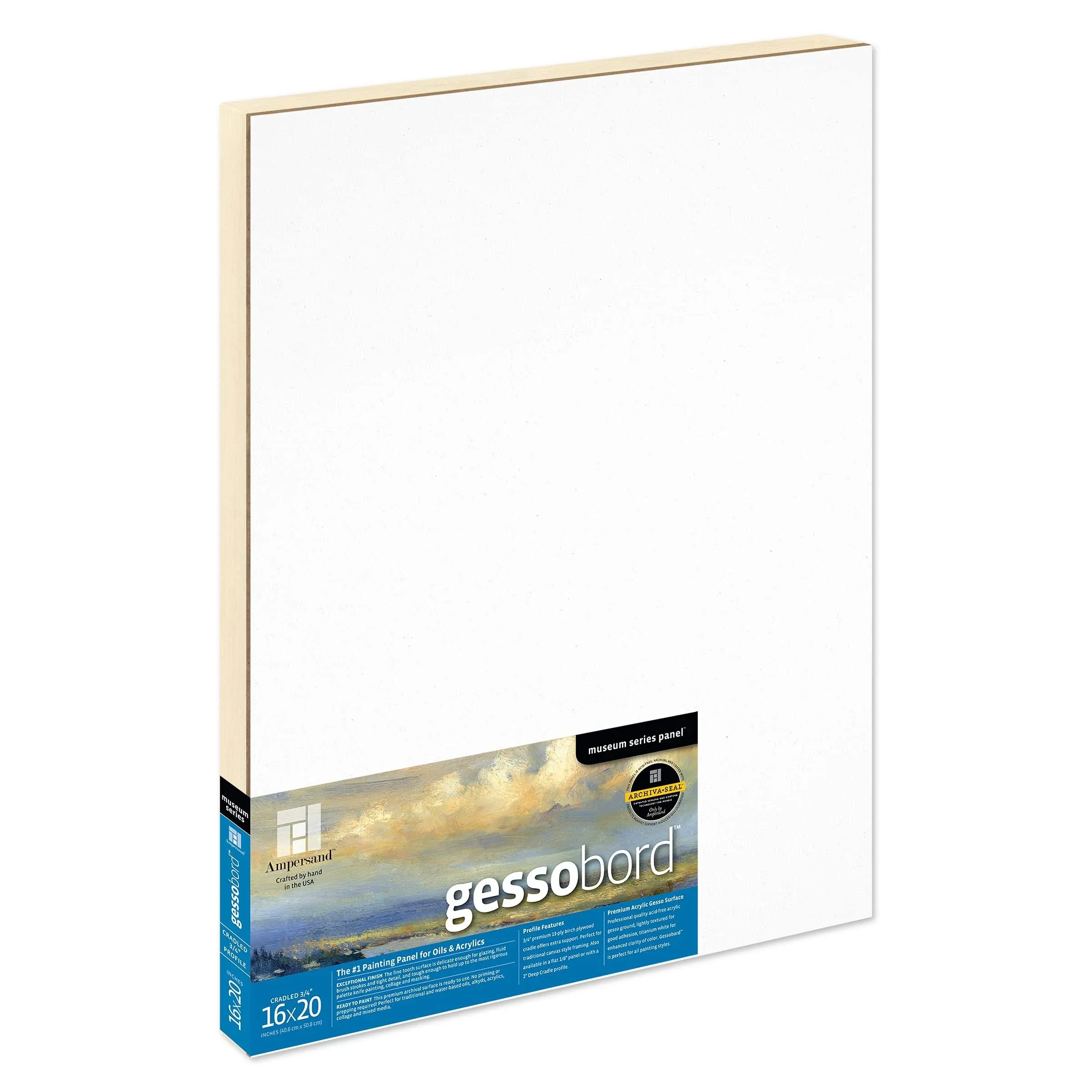 Ampersand Art Supply Gesso Wood Painting Panel: Museum Series Gessobord, 16" x 20", 3/4" Cradled Profile