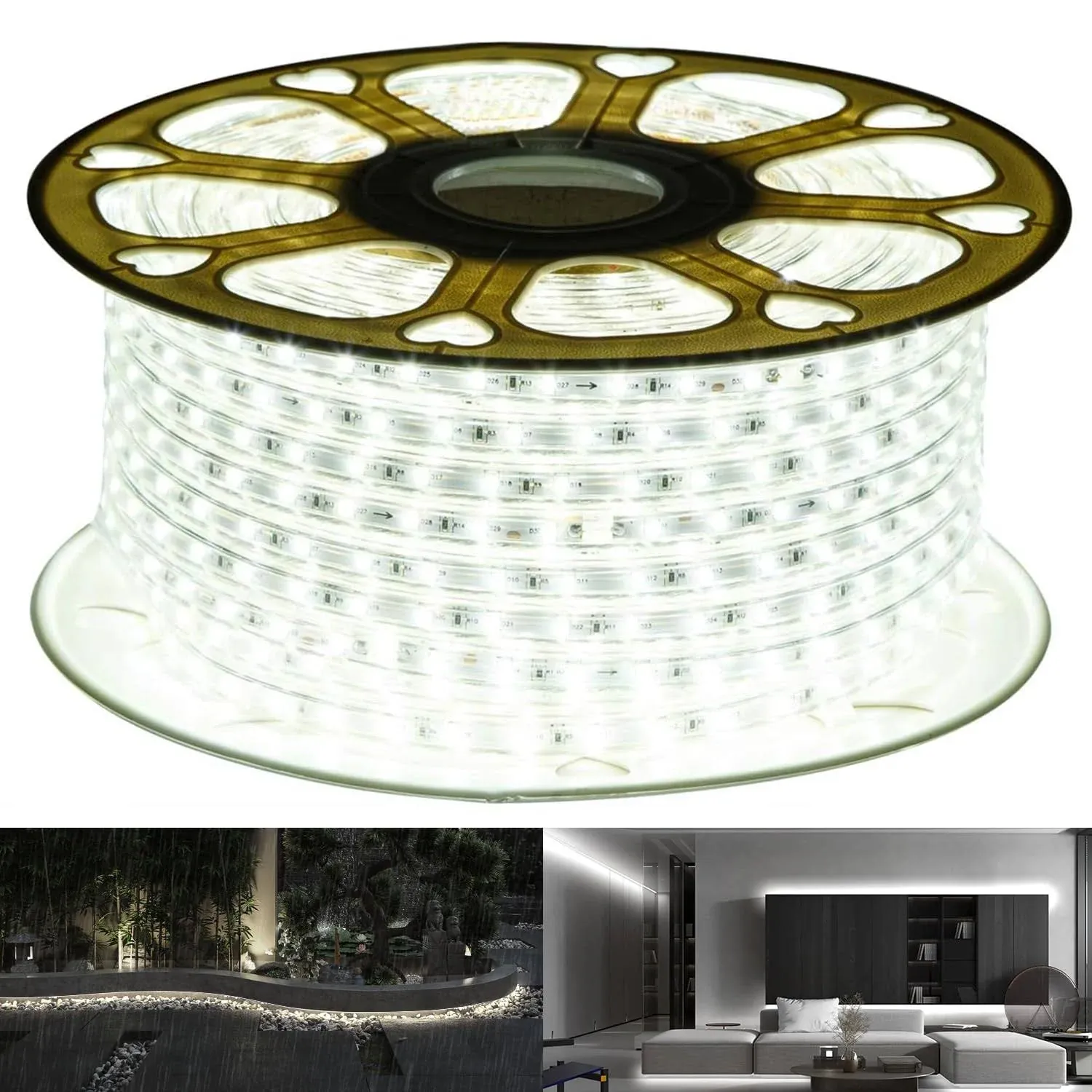 Guotong 131.2ft/40m LED Strip Rope Lights,Waterproof, 6000K Daylight White,110V 2 Wire, Flexible, 2400 Units SMD 2835 LEDS,Indoor/Outdoor Use, Ideal