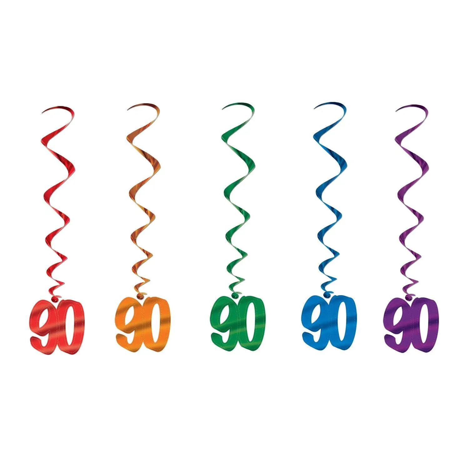 90th Birthday Hanging Whirls 5 Pack 36&#034; Foil 90th Party Hanging Decoration