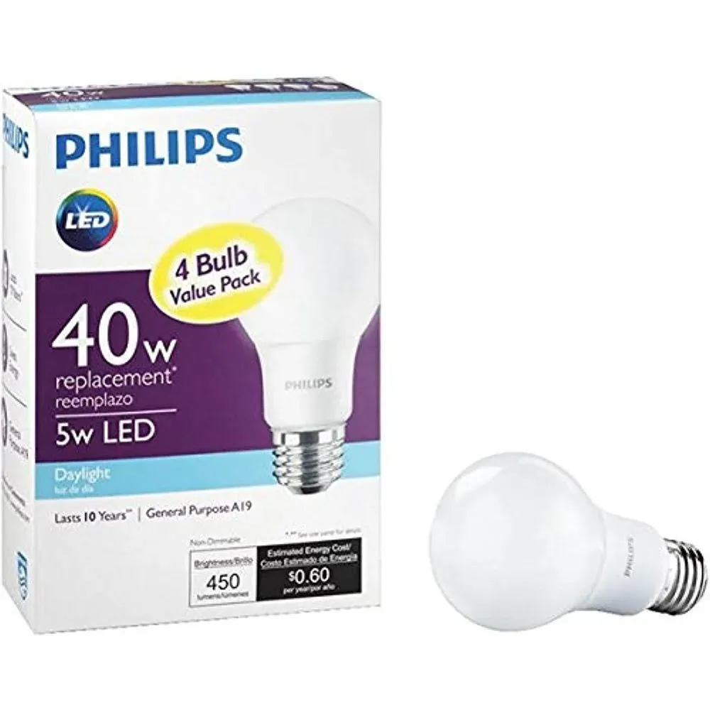 PHILIPS 469809 4-Pack 40W Equivalent Daylight A19 Medium LED Light Bulb, 4 Count (Pack of 1)