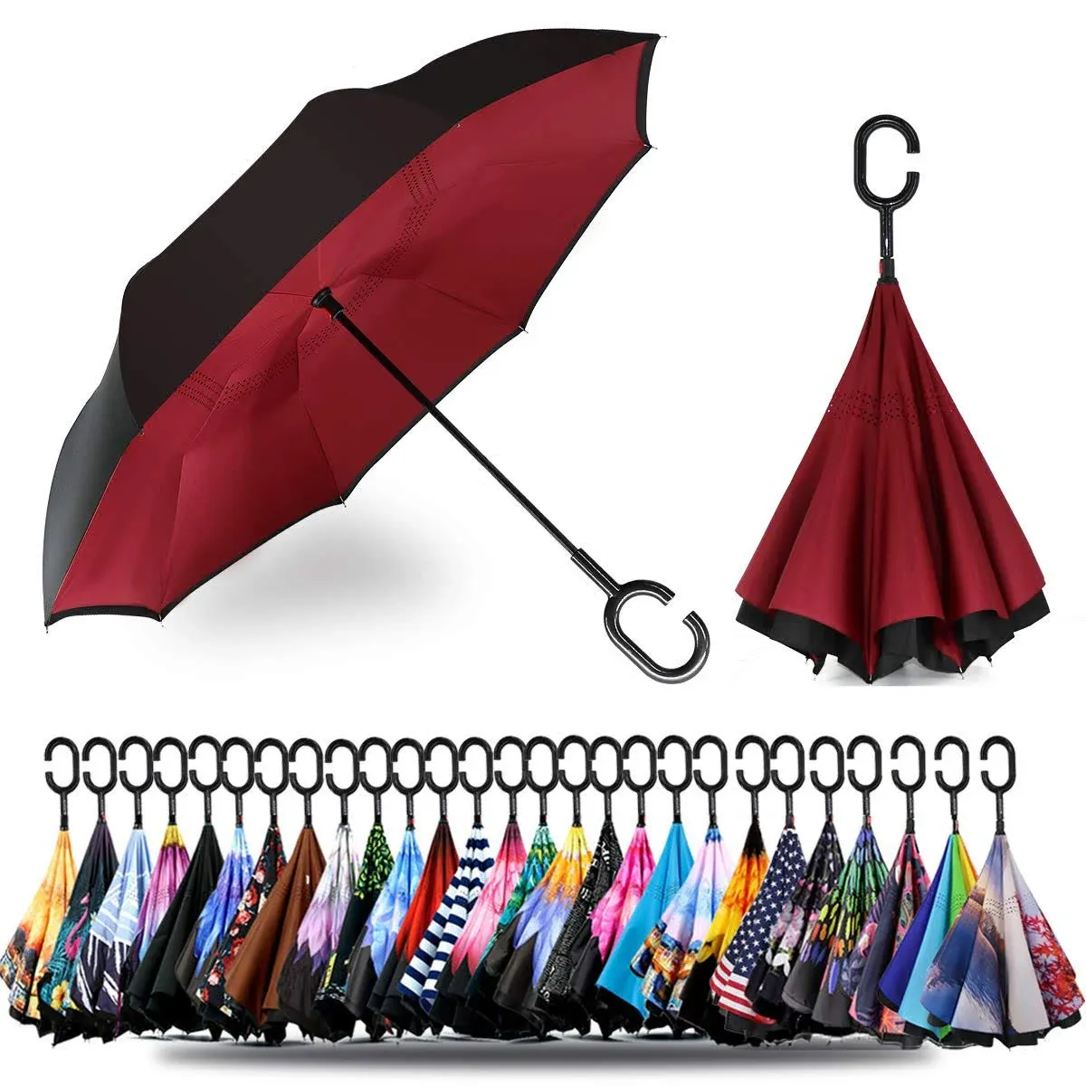 SIEPASA 49/56 Inch Inverted Reverse Upside Down Umbrella, Extra Large Double Canopy Vented Windproof Waterproof Stick Golf Umbrellas with C-shape Handle.