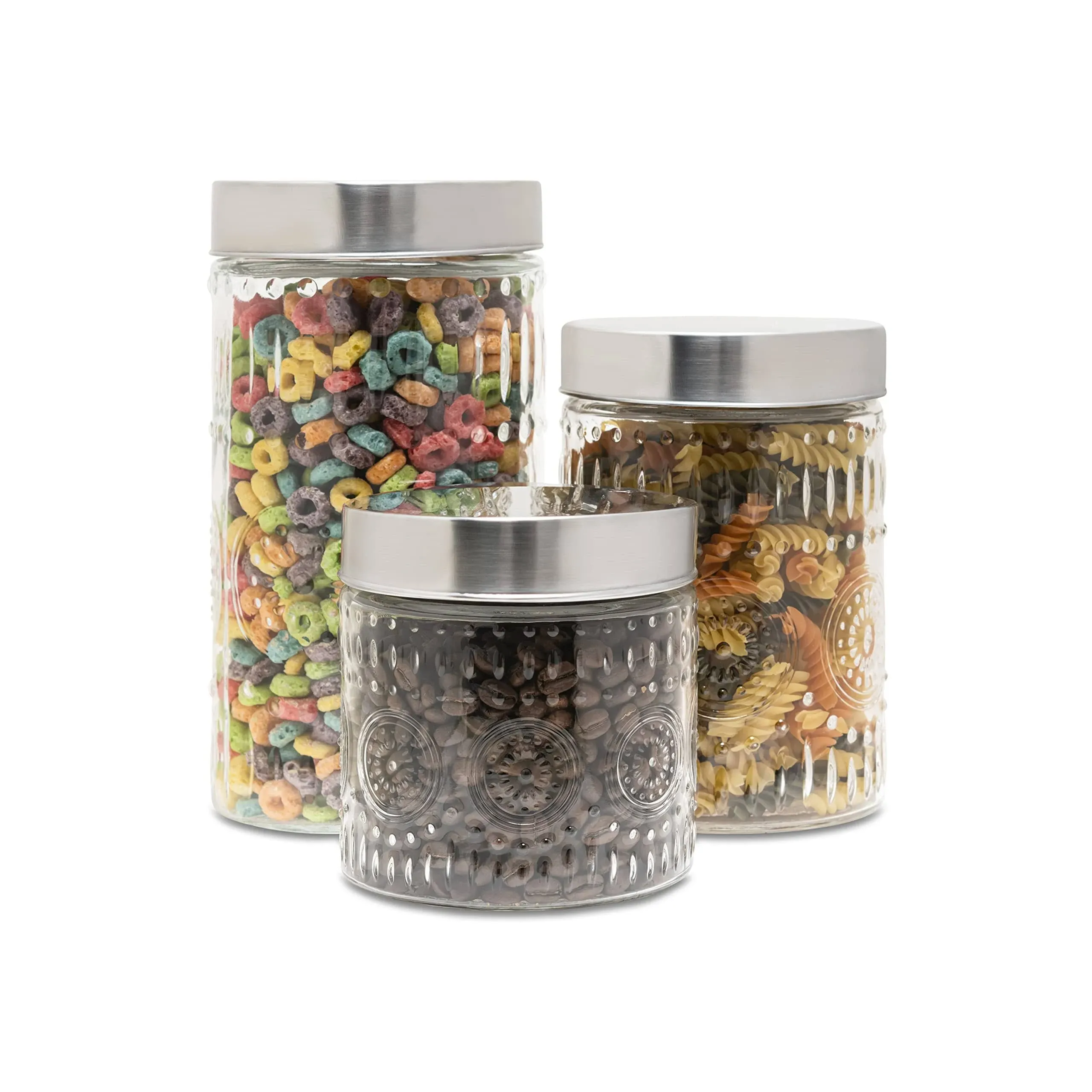 Style Setter 3-Piece Medallion Round Glass Canister Set with Metal Lids, Clear