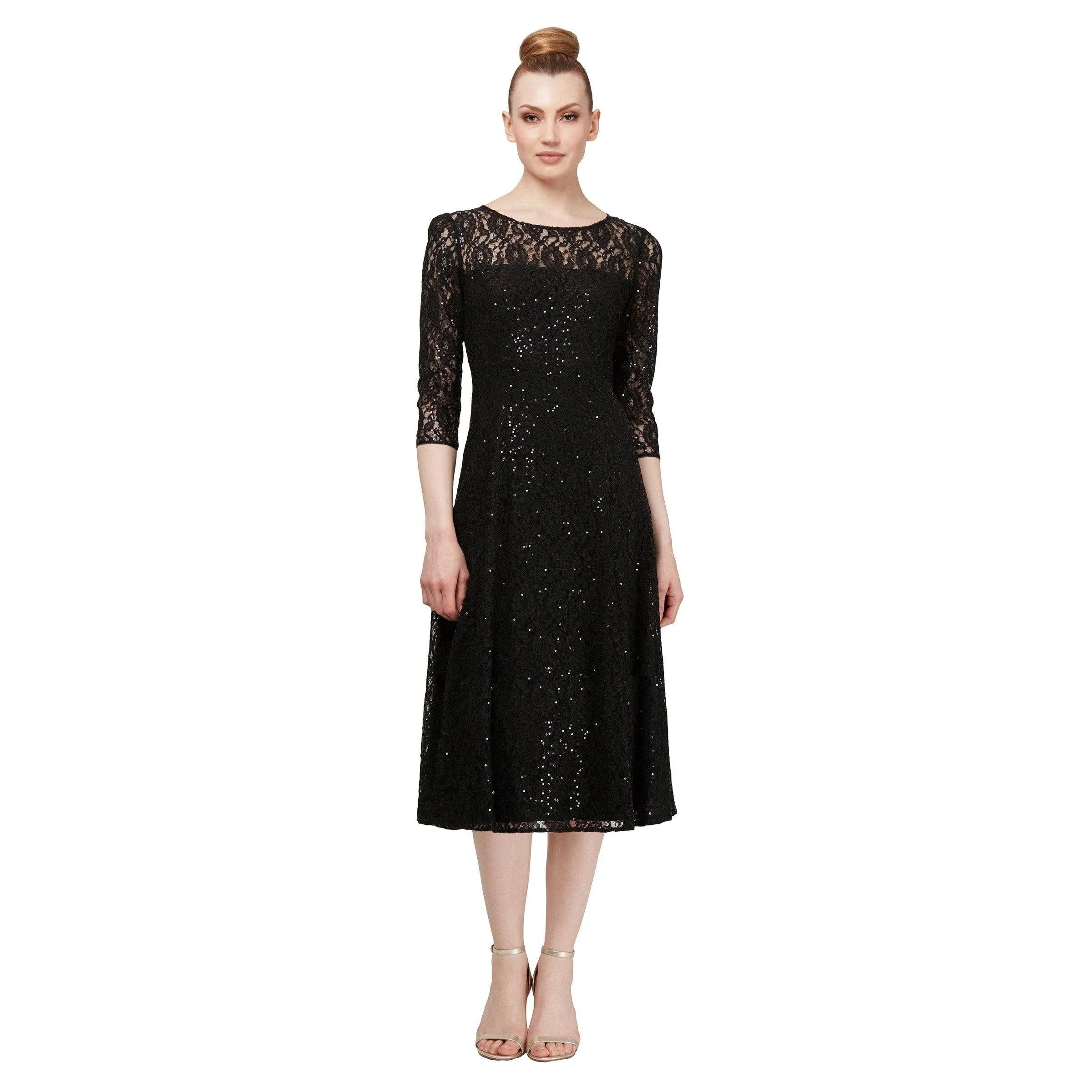 Sl Fashions Women's 3/4-Sleeve Sequin Lace Dress