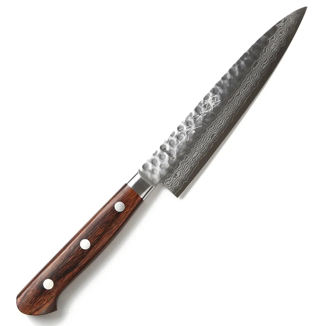   Syosaku Japanese Petty Best Sharp Kitchen Chef Knife Hammered Damascus VG-10 16 Layer Mahogany Handle, 5.3-inch (135mm)  