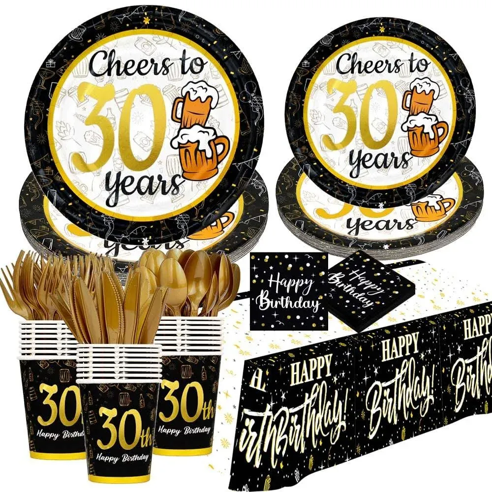 30th birthday decorations for him her - (Total 169pcs) black gold Birthday supplies Plates and Napkins, Cups, Knives, Forks, Spoons Included, tablecloth, Disposable Tableware for 24 Guests