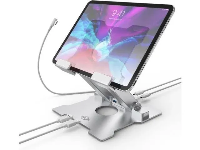 KABCON Tablet Stand with USB/USB C Hub,Adjustable Desktop Holder with USB 3.0,USB 2.0,USB-C 2.0,USB-PD,Docking Station for iPad Pro Air,MacBook Pro Air,Microsoft Surface,Tabs Up to 15''