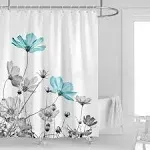 Teal and Gray Floral Shower Curtain 60''W x 72''L Grey White Daisy Flower Elegant Wildflower Design Farmhouse Polyester Fabric Waterproof 12 Pack Plastic Hooks