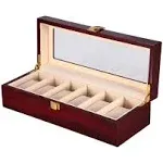 Uten Watch Box, 6 Slot Watch Case, Watch Holder with Glass Lid, Wooden Watch Case with Removable Watch Pillow, Metal Clasp Watch Display., brown,peach,clear