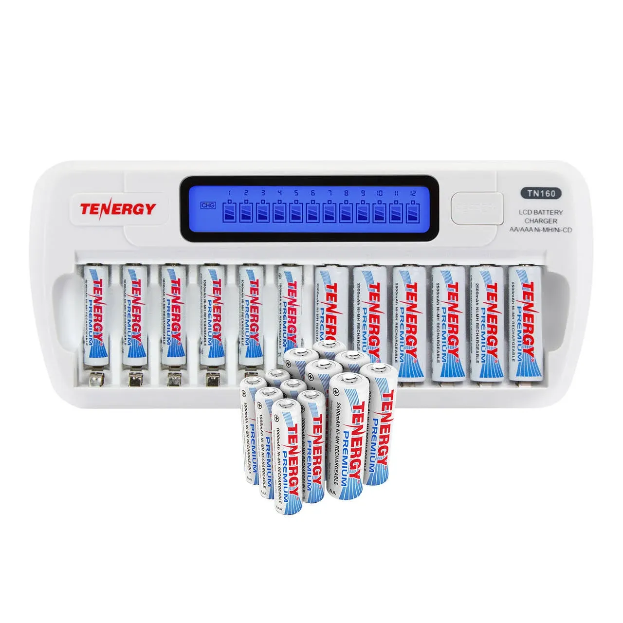 Tenergy TN438 16-Bay AA/AAA NiMH/NiCd LCD Smart Battery Charger + 16pcs Tenergy Premium AA Rechargeable Batteries