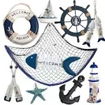 AmaQueen 10 Pcs Wood Nautical Wall Hanging Ornament Decoration, Mediterranean Style Beach Wooden Lighthouse, Anchor, Boat,Life Ring, Ship, Starfish,