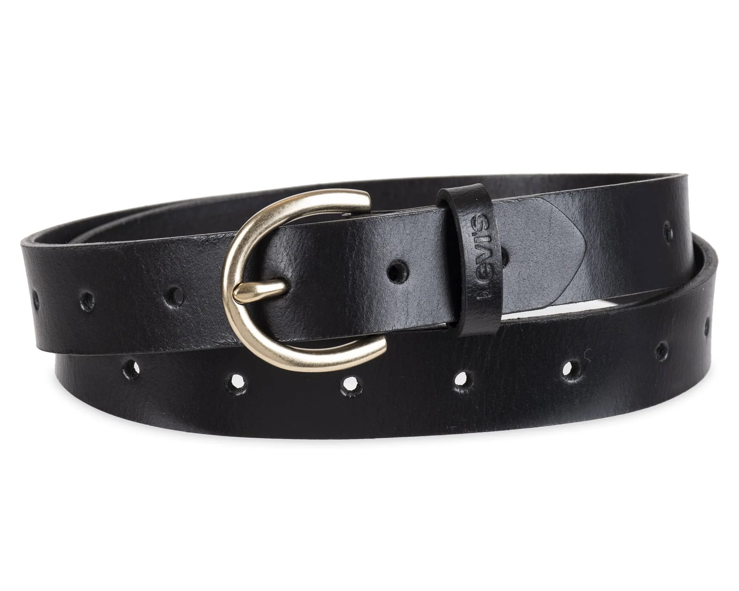 Levi's Women's Skinny Fully Adjustable Perforated Leather Jean Belt with Round Harness Buckle (Regular and Plus Sizes)