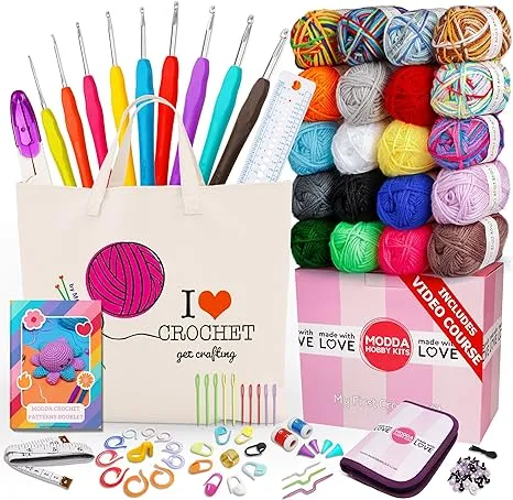 MODDA Crochet Kit for Beginners – Soft Bulk Yarn for Crocheting and Knitting Craft Projects, Acrylic Yarn Set for Starters Adults, Women with Crochet Hooks Sewing Needles Stitch Markers