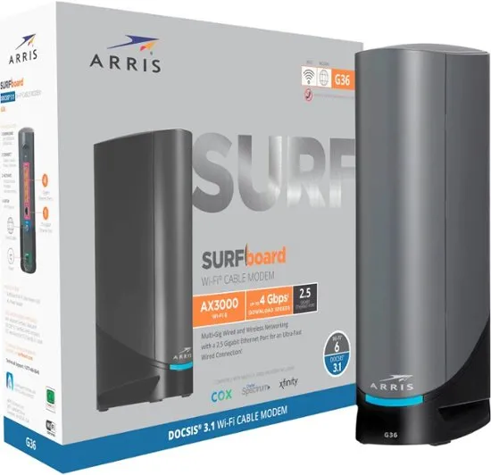 ARRIS (G36) - 电缆调制解调器路由器组合 - 快速 DOCSIS 3.1 多千兆 WiFi 6 (AX3000)，经 Comcast Xfinity、Cox、Spectrum 等批准，最大速度 1.2 Gbps，4 个 OFDM 通道